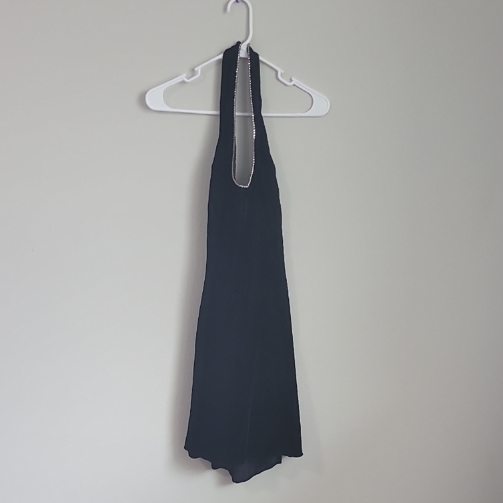 Jessica McClintock Black Halter Backless Evening Dress with Beaded Trim
